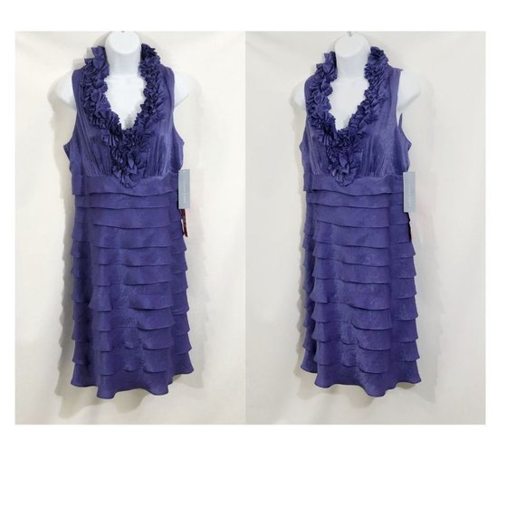 London Times Sheath Dress Size 10 Ruffle Trim Tiered Purple V Neck - Picture 2 of 8